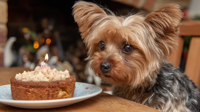 A Yorkshire Terrier dog looks at its birthday cake with a lit candle, celebrating its special day.