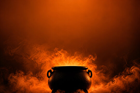 Glowing cauldron on an orange background