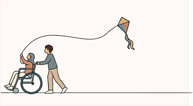 Inclusive line art illustration of a person in a wheelchair flying a colorful kite while being pushed by a caring friend