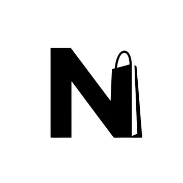 Black and white alphabet N monogram with a shopping bag silhouette for online store and retail brand identity vector