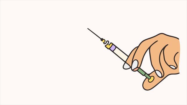 Doctor hand holding medical syringe with vaccine needle injection line art vector illustration