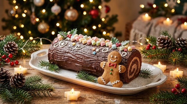 Festive yule log cake with chocolate glaze on a platter with christmas tree background