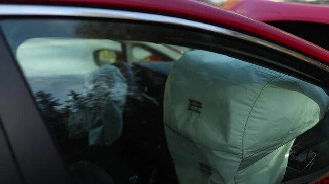 Destroyed car with deployed airbags sits on the roadside after a serious collision illustrating the potentially devastating consequences of impaired and reckless driving