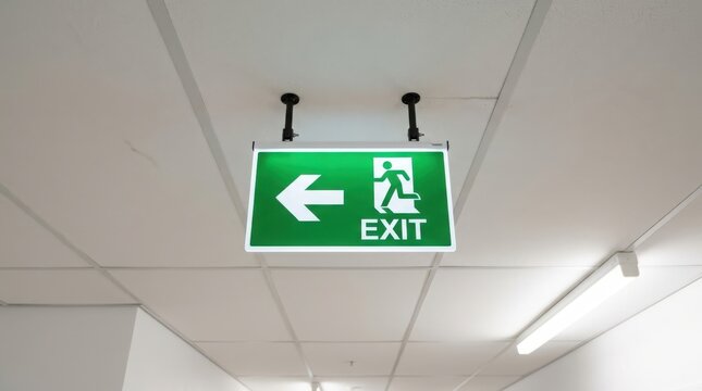 Illuminated green exit sign with arrow hanging from a ceiling