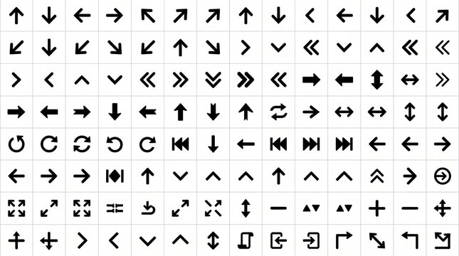 A comprehensive vector grid of minimalist UI navigation arrow icons, cursors, refresh symbols, chevrons, double-headed arrows, and interface signs, solid black on white.   