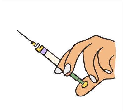 Doctor hand holding medical syringe with vaccine needle injection line art vector illustration