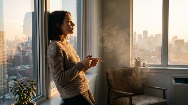 Woman holding a cigarette beside an open window while trying to quit smoking, portraying nicotine addiction, temptation, withdrawal and the challenge of cessation.
