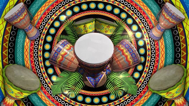 African Djambe - Vibrant Ethnic Drums and Leaves Animated Background