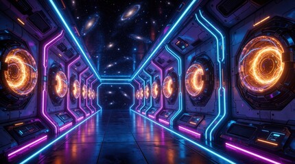 Fototapeta premium Futuristic sci fi corridor with bright neon lighting, glowing energy cores. Cyberpunk spaceship hallway features blue, purple light effects. Abstract digital space tunnel shows cosmic galaxy