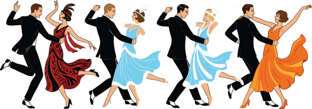 Vintage nineteen twenties retro couples dancing charleston and jazz at luxury roaring twenties party event celebration banner