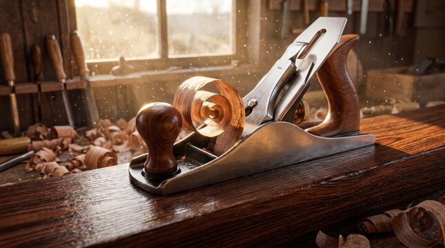 Hand plane carving mahogany wood in workshop