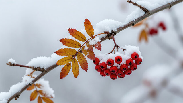 Red rowan berries and autumn leaves on a snow-covered branch. Winter transition in nature. Seasonal contrast of autumn foliage and first snowfall. Botanical detail, cold-season flora.