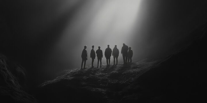 Group of people standing in a dark cavern illuminated by a single shaft of light from above