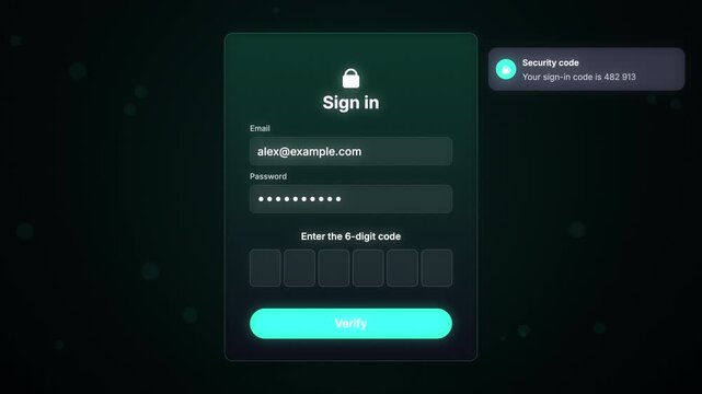 Two-factor authentication login form fills a 6-digit code and unlocks access, seamless loop