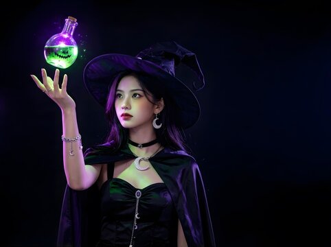 Young woman in witch costume holding glowing green magic potion