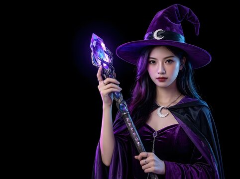 Young woman in witch costume holding a glowing magical staff