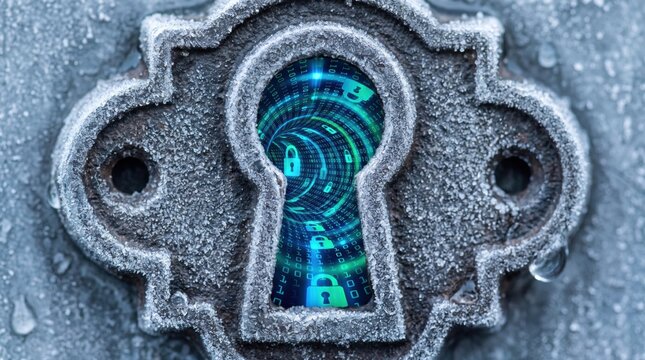 Digital binary code tunnel inside a frozen metal keyhole