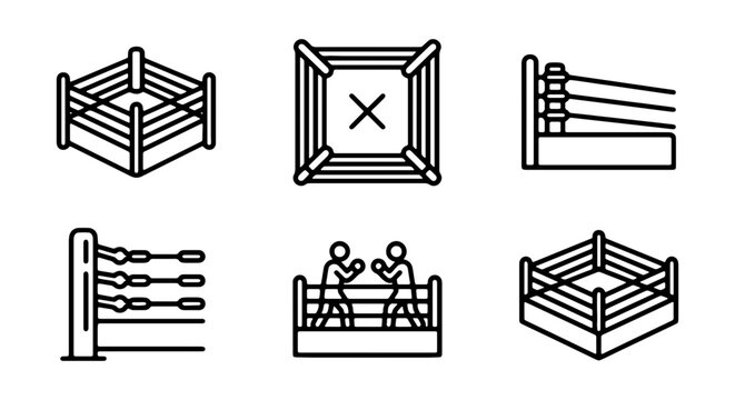Boxing ring vector icon set, outline sport symbols and fighting arena graphic elements
