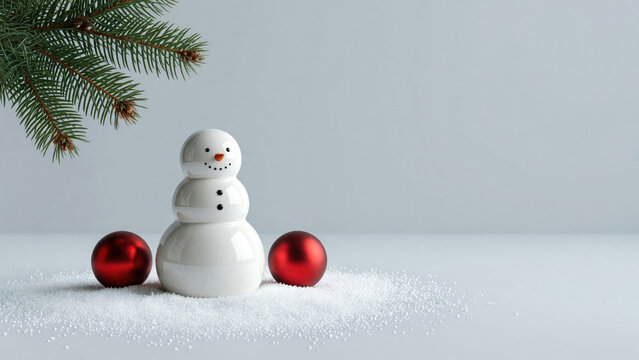 White snowman figurine with red Christmas ornaments beneath evergreen branch on artificial snow. Christmas holiday decoration. Winter seasonal greeting card with copy space.