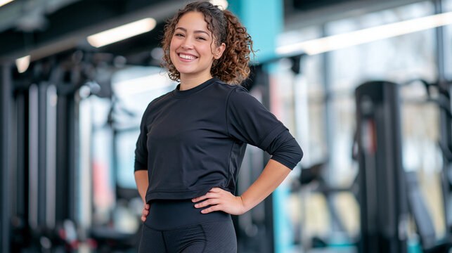 Fit athletic adult woman wearing a sleek black sports bra and high-waisted training leggings, posing confidently inside a modern indoor gym, strength equipment and cable machines softly blurred behi