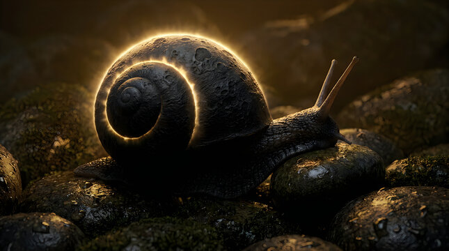 Surreal snail with a glowing moon shell crawling on dark wet river