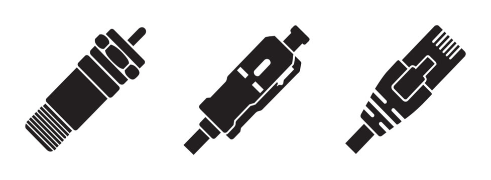 Audio and network connector silhouettes set, RCA and RJ45 plugs for technology