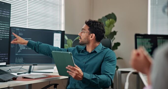 Man, tablet and training for coding in office, programming and computer screen with code system. Technology, programmer intern and mentor with learning problem solving logic and developer tools