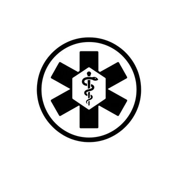Black star of life medical icon inside circular frame isolated on background.