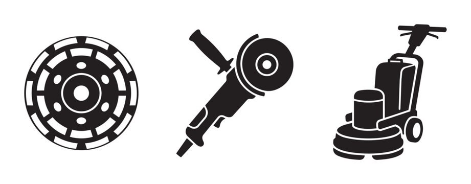 Grinding disc, angle grinder and floor polisher set, industrial tool silhouettes for construction and cleaning