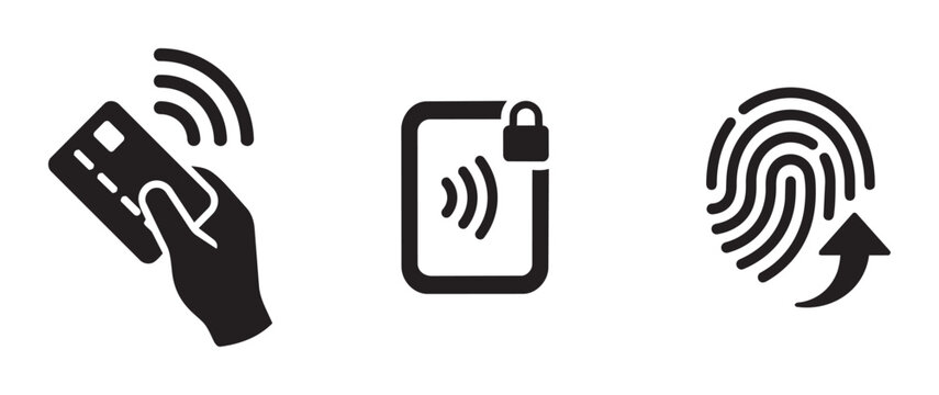 Payment and security icons set with credit card, phone lock and fingerprint scan for digital transactions