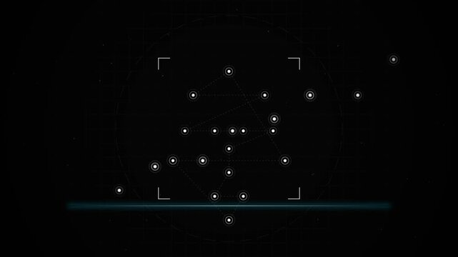 Dark digital interface with glowing white tracking points and corner brackets representing facial recognition and computer vision technology for sci-fi UI design and AI presentations