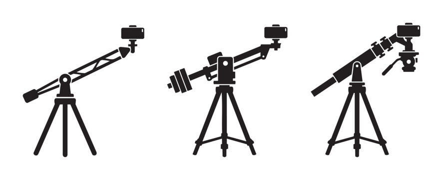 Camera crane and tripod silhouettes set with counterweights and camera mounts for film and photography