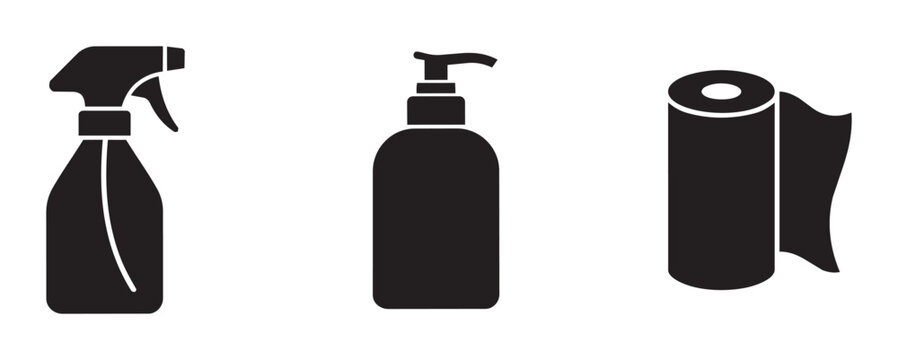 Hygiene product silhouettes set with spray bottle, pump dispenser and paper towel roll for cleaning and care