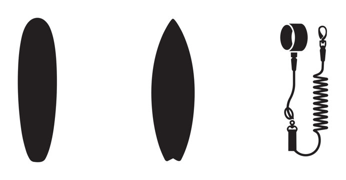 Surfboard and leash silhouettes set, surfing equipment and water sports accessories