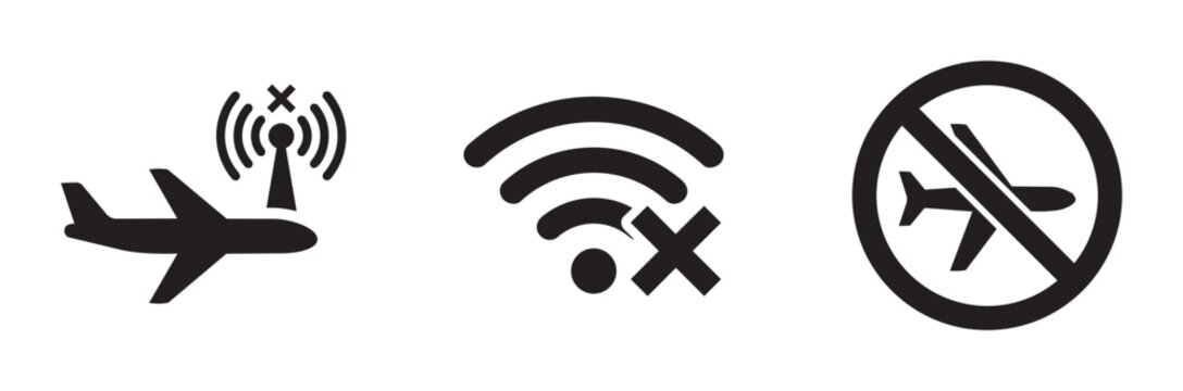 Airplane wifi signal icons set with airplane and wifi symbols, transport and technology