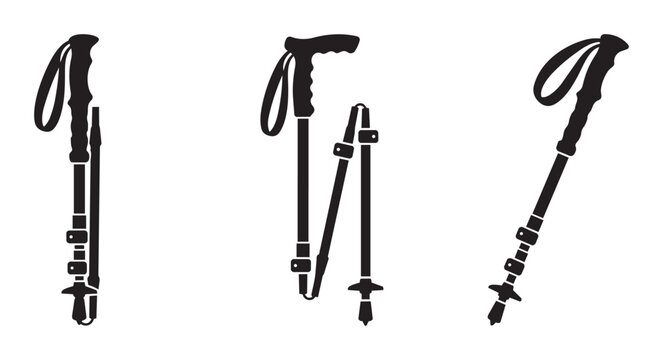 Trekking pole silhouettes set with adjustable poles for hiking, camping and outdoor activities