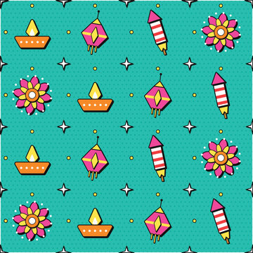 Diwali Seamless Pattern in Pop Art Style with Diya, Lantern, Firework Rocket, Rangoli Flower and Sparkles on Teal Halftone Background, Festive Repeat Print