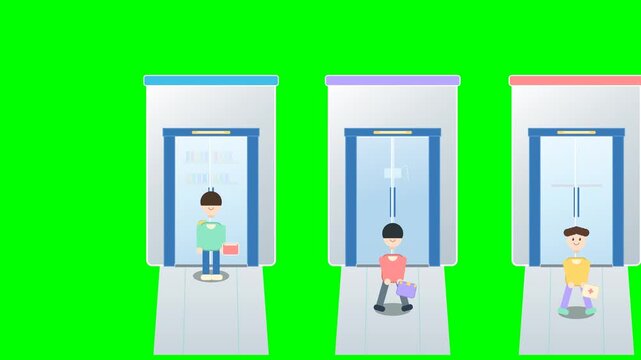 Premium 4K 2.5D green screen microstock animation visualizing Human Rights Day through four diverse people accessing distinct facilities through identical, equal-access modern doors