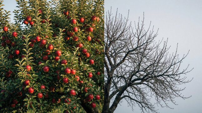 Comparison of two trees shows seasonal change. Rich green apple tree with ripe red fruit stands next to bare winter tree without leaves. Contrast between summer harvest abundance, autumn dormancy in
