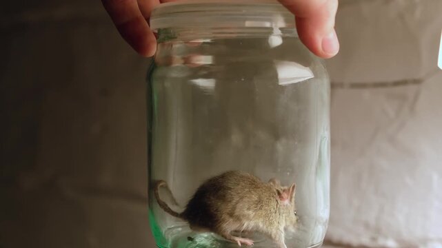 Person holds trapped gray mouse inside transparent glass jar. A catched rat trying to get out of the trap. Rodent pest, domestic trap, animal capture. The infection carrier. High quality 4k footage.