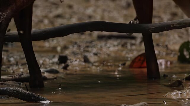 Close up of deer hooves walking through shallow muddy water in a forest environment