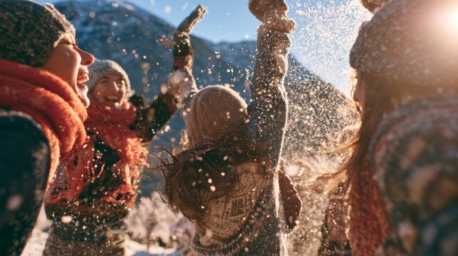 Friends celebrating outdoors by splashing water in winter clothing with snowy mountains and bright sunlight in a joyful alpine gathering
