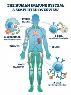 medical infographic explaining the basic human immune system, simplified human silhouette with large highlighted lymph nodes, thymus, spleen and bone marrow