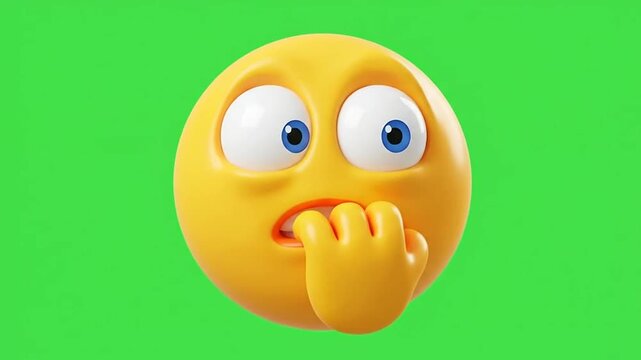 3d anxious yellow emoji biting nails on green screen background