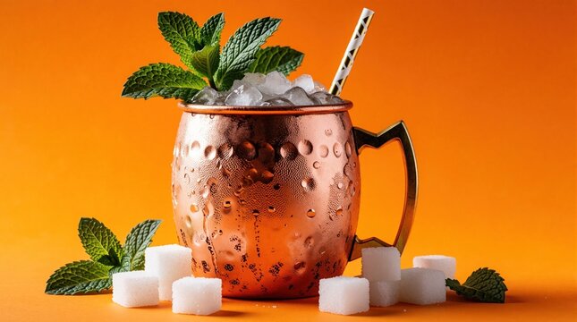 Cold Mint Julep cocktail in copper mug with ice, fresh mint leaves. Metal cup with condensation sits on orange background. Sugar cubes, cocktail straw nearby. Refreshing alcoholic drink for summer