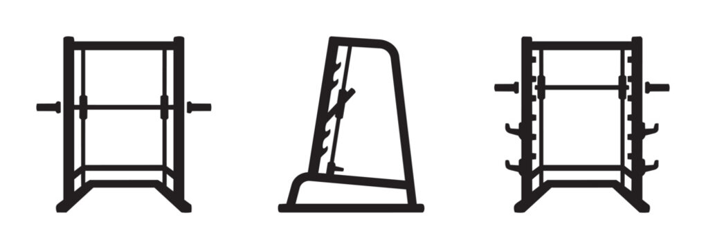 Gym equipment silhouettes with squat racks and smith machine, fitness and weightlifting