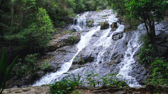 Landscape image of water stream flowing through the waterfall in the forest