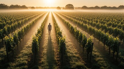 Naklejka premium Man walks between rows of grape vines in vineyard at misty sunrise. Silhouette of farmer explores green plantation during golden hour. Morning fog covers rural landscape, farm field with sunlight