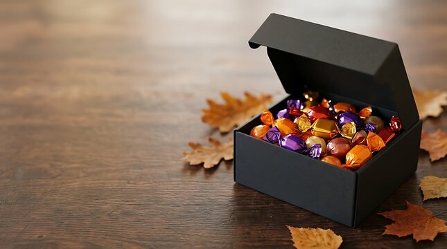 Open black gift box filled with colorful wrapped candies on a rustic wooden table surrounded by autumn leaves chocolate celebration surprise background