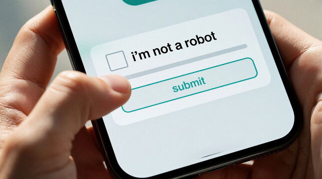 Close up of human hands holding smartphone. Finger taps i not robot checkbox on mobile screen. User completes captcha verification to prove human identity. Digital security test for bot detection,